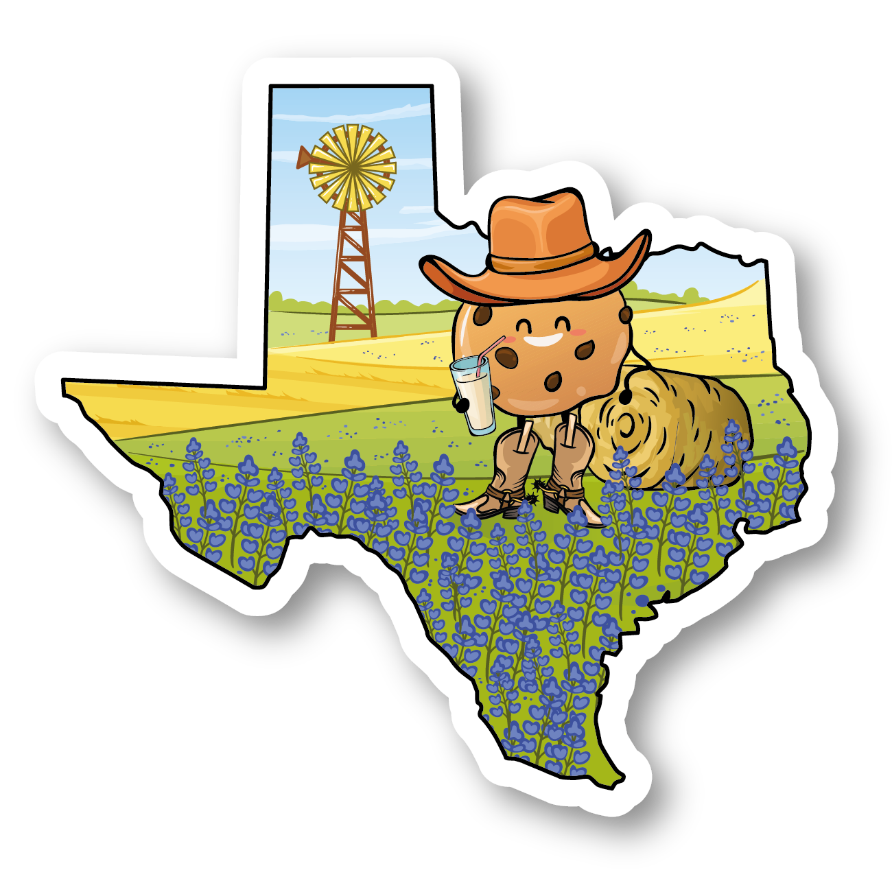 a sticker shaped like Texas with a cookie man in a cowboy hat leaning on a round hay bale