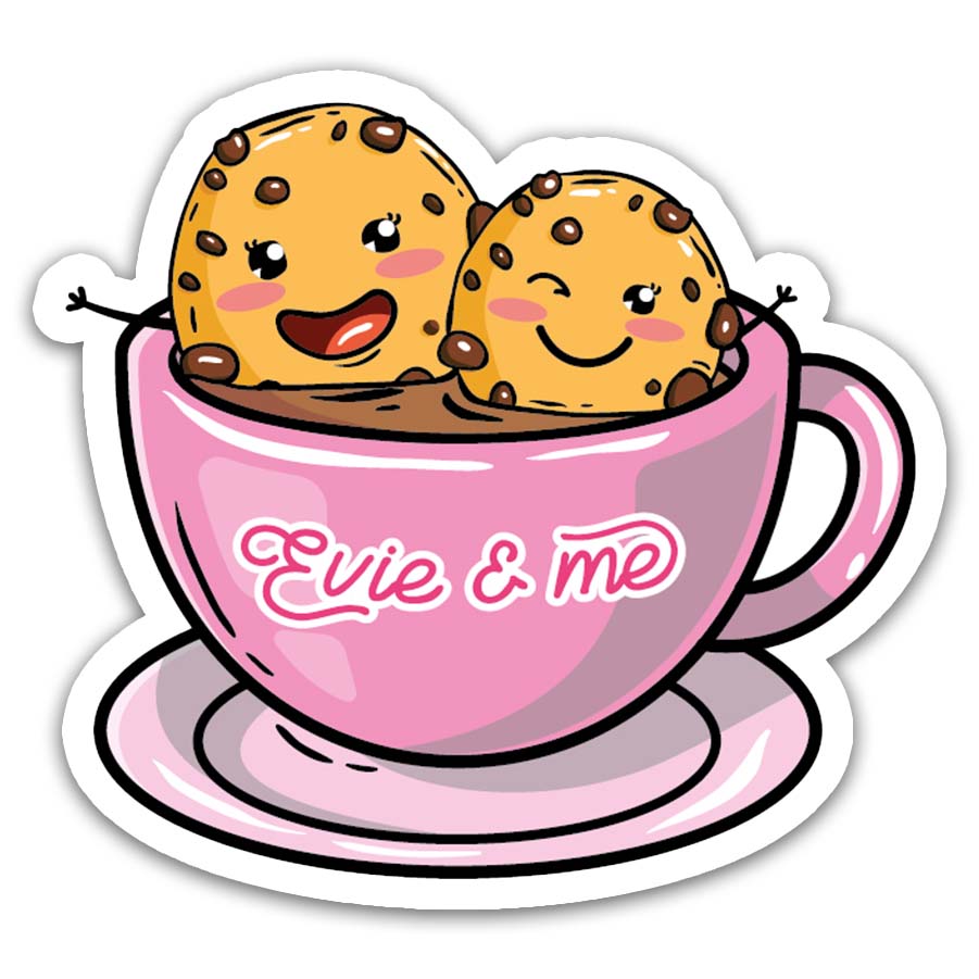 a sticker with two cookies sitting in a pink mug of coffee