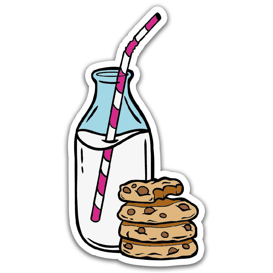 a sticker of a bottle of milk with a straw and a stack of cookies