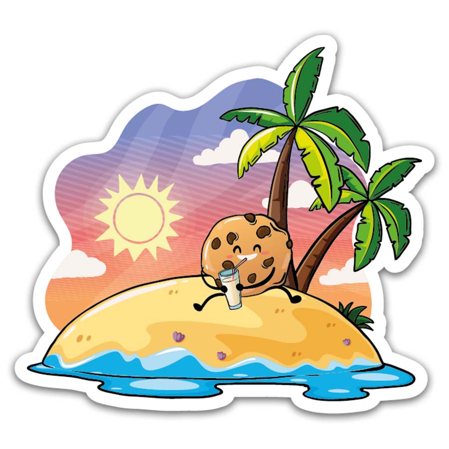 A sticker with a cookie character drinking milk on a tropical island