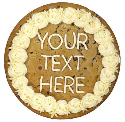 Cookie cake with white frosting roses and 'Your Text Here' text